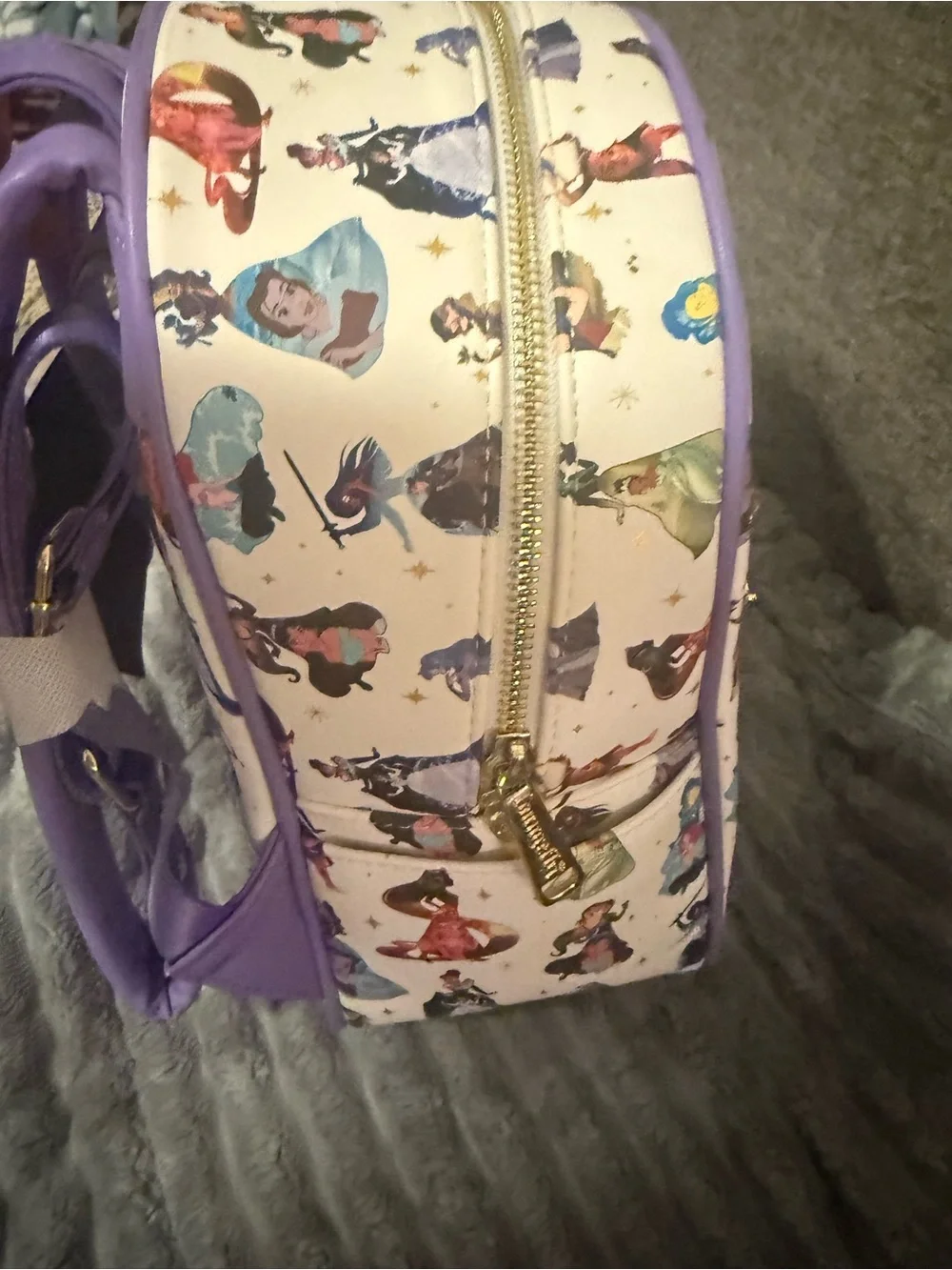 Loungefly White Mini Backpack with Purple Trim and Multicolor Princess Art